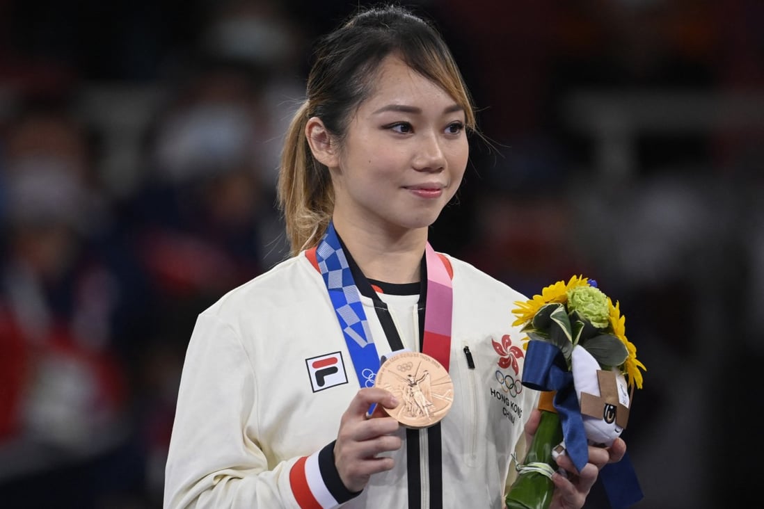 Hong Kong’s Grace Lau Mo-sheung after winning the Tokyo Olympic Games women’s individual kata bronze medal final event at the Nippon Budokan in Japan. Photo: AFP   