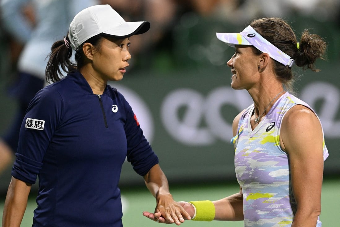 Zhang Shuai of China and women’s doubles partner Samantha Stosur of Australia after the BNP Paribas Open round of 32 at the Indian Wells Tennis Garden. Photo: USA Today   