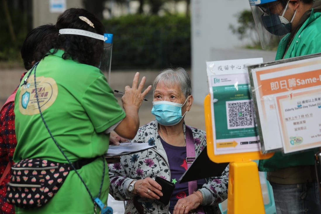 Senior citizens queue for Covid-19 vaccinations outside the Kwun Chung Sports Centre in Jordan on March 15. Vaccine hesitancy among the elderly is one of the main factors being blamed for Hong Kong’s struggles during the fifth wave of the pandemic. Photo: Xiaomei Chen