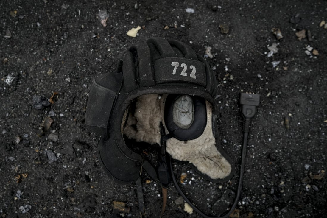 Tank operator head gear next to a destroyed Russian tank in Irpin, on the outskirts of Kyiv, Ukraine. Photo: AP
