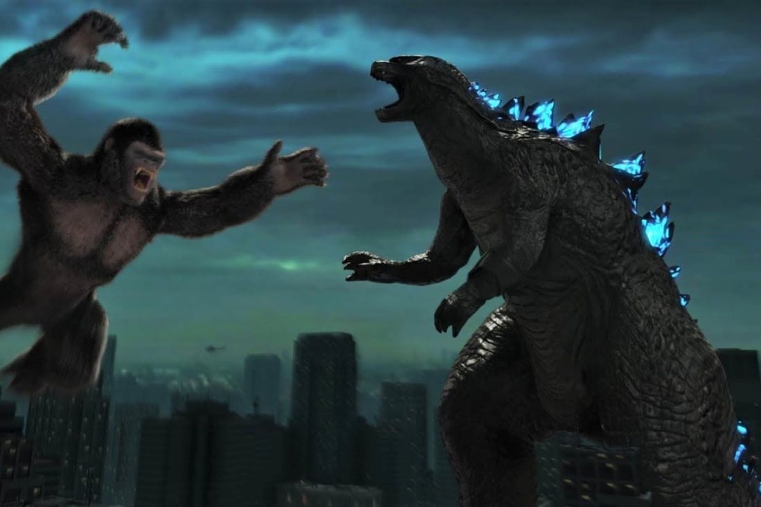 A still from a film featuring Godzilla and King Kong; actor Akira Takarada, star of the first Godzilla film, has died. 
