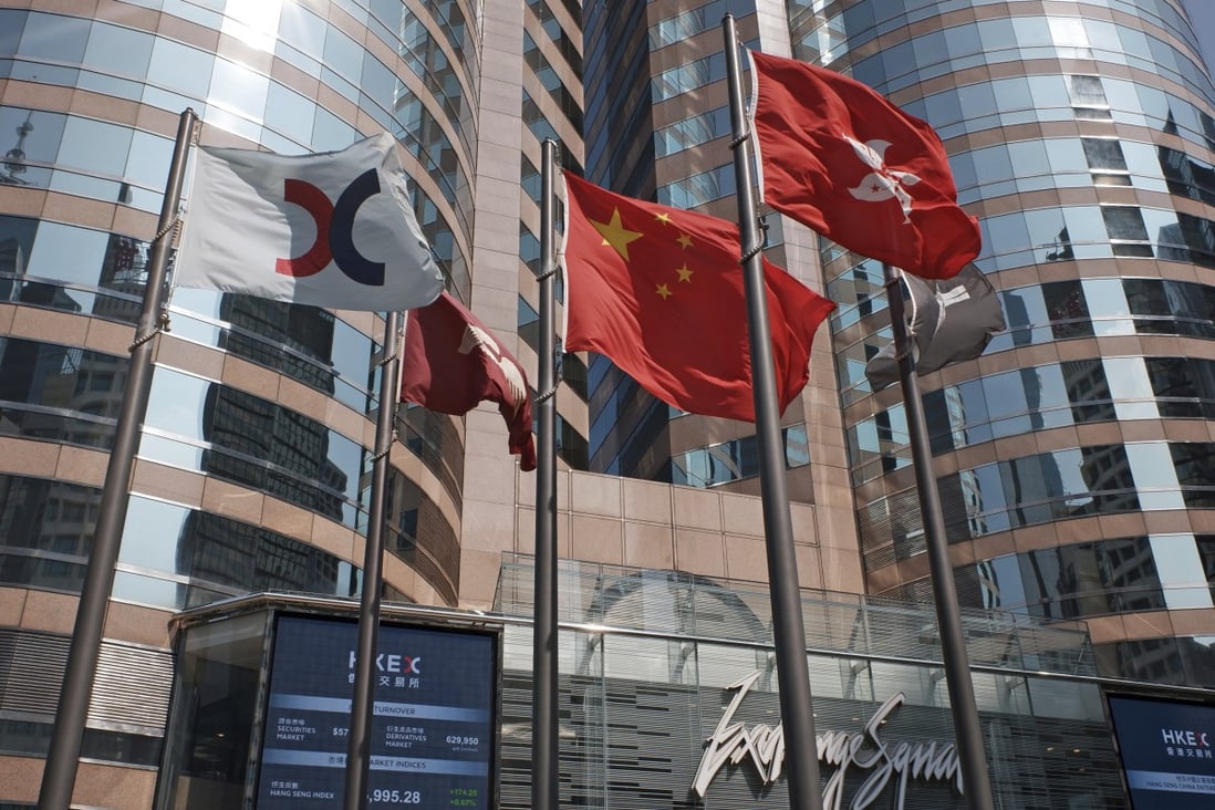 In this Oct. 9, 2019, file photo, flags are raised outside the Hong Kong Exchange Square building in Central, Hong Kong. Photo: AP 
