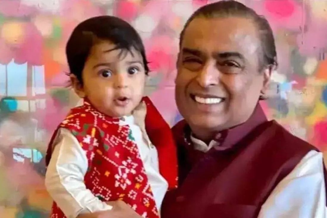 Mukesh Ambani and his grandson, Prithvi Akash Ambani. Photo: @lokpatrika/Instagram