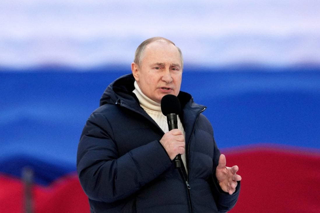 Russian President Vladimir Putin 
wears a US$14,000 Loro Piana coat with a US$3,000 roll-neck jumper at a concert marking the eighth anniversary of Russia’s annexation of Crimea at Luzhniki Stadium in Moscow, Russia, on March 18, 2022. Photo: Reuters