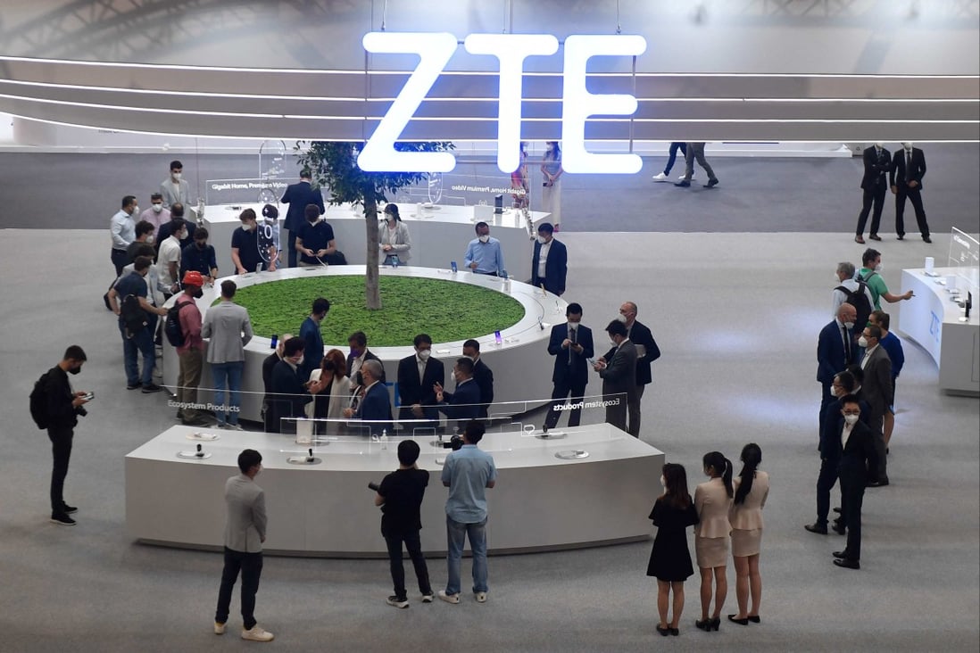 ZTE’s stand at the Mobile World Congress (MWC) fair in Barcelona on June 29, 2021. Photo: AFP