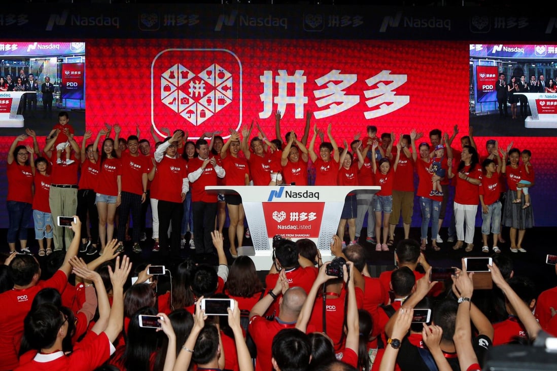 Users of online group discounter Pinduoduo wave to celebrate the company’s IPO in New York during an event in Shanghai, China on July 26, 2018. Photo: Reuters