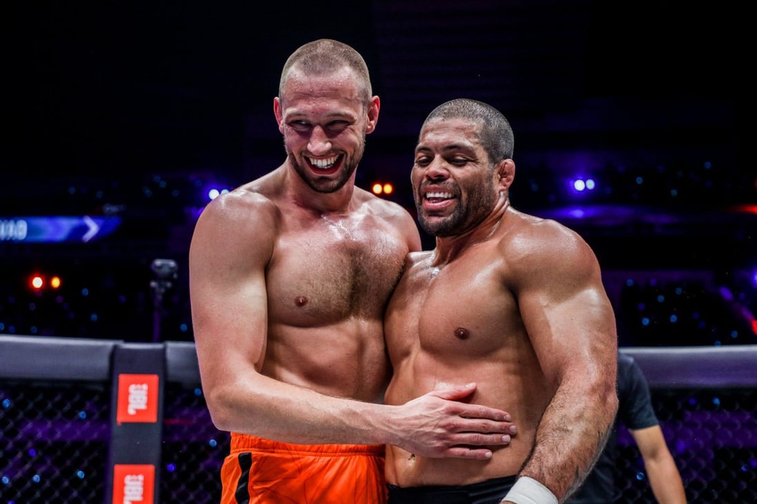 Andre Galvao (right) and Reinier de Ridder embrace after their submission grappling match at ONE X. Photos: ONE Championship
