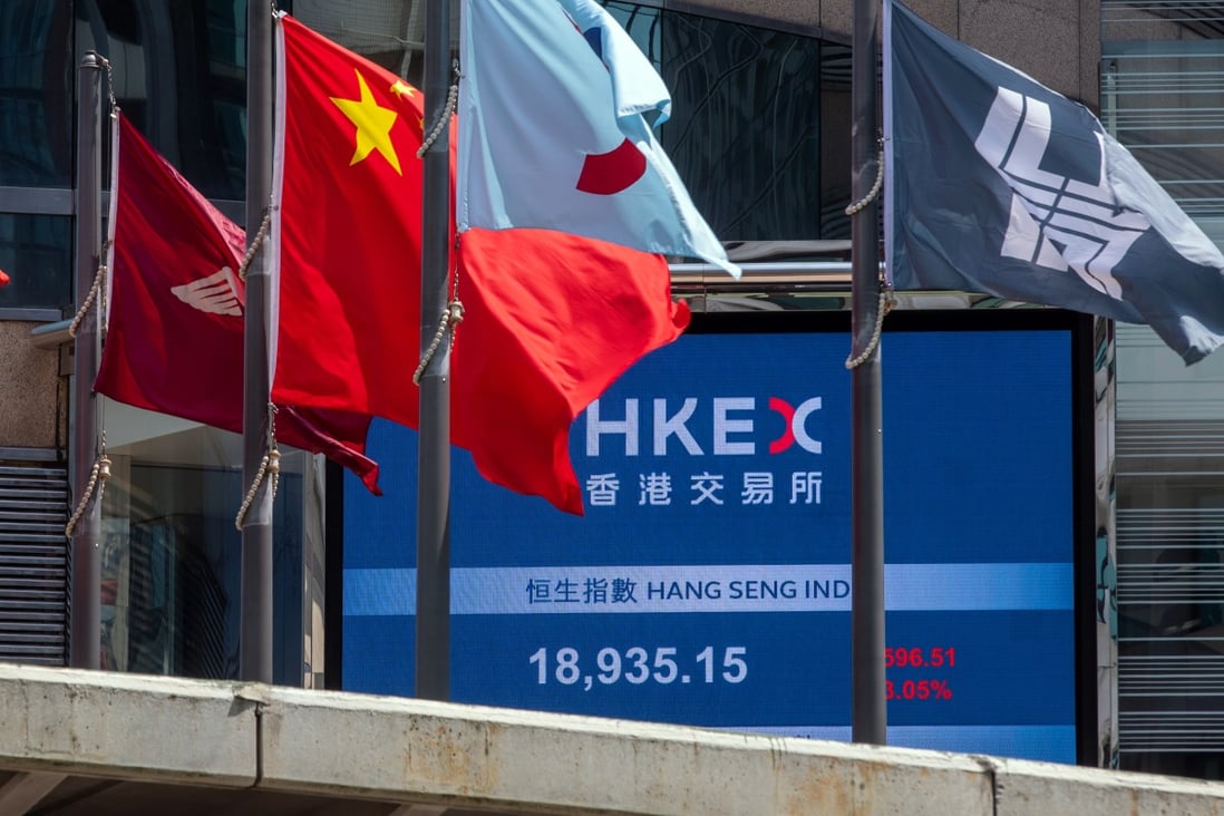 The flags of China and Hong Kong fly near an electronic screen displaying the Hang Seng Index. Photo: Bloomberg