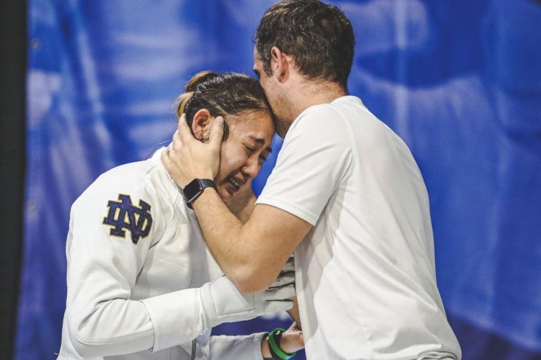 Kaylin Hsieh broke down in tears after winning the women’s épée final at NCAA Fencing Championships. Photo: Twitter/@NDFencing