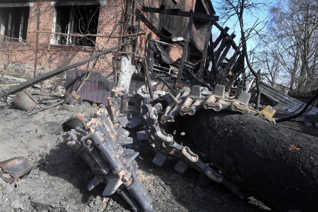 View of the Russian military equipment destroyed during an anti-tank attack in one of the villages near Chernihiv, Ukraine. The photo was taken hours after Moscow claimed it would ease military operations in the area. Photo: EPA-EFE