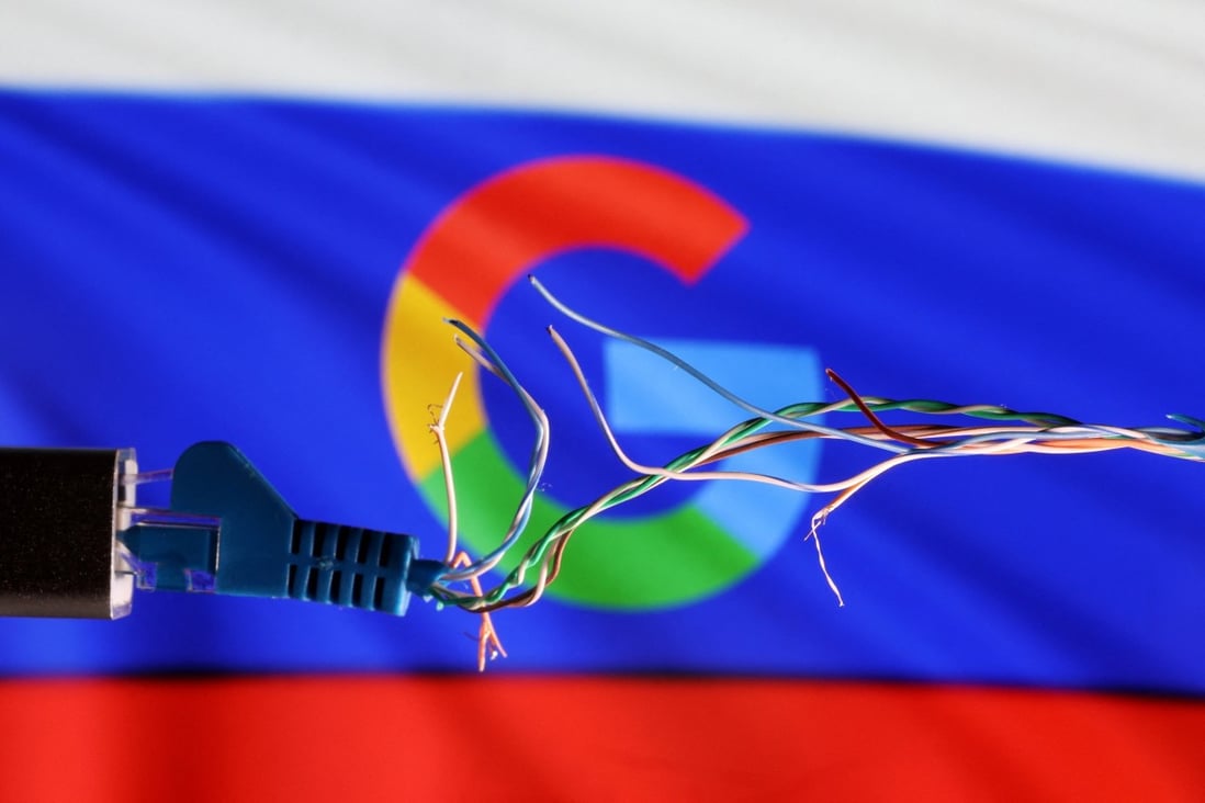 A broken Ethernet cable seen in front of Russian flag and Google logo in this illustration taken March 11, 2022. Photo: Reuters