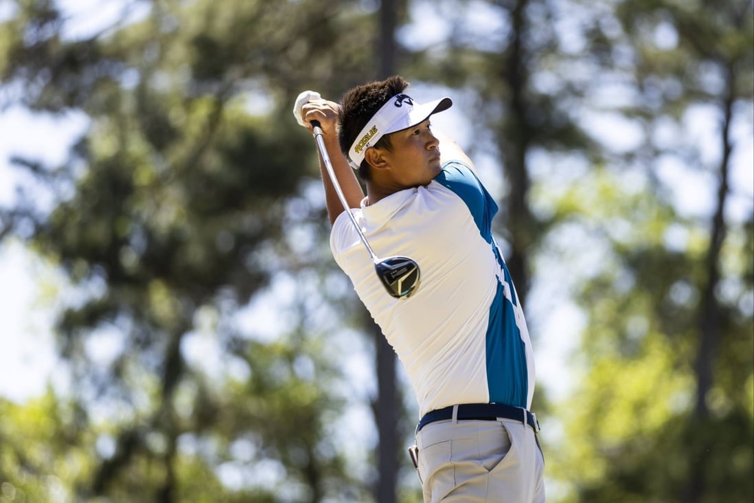 Carl Yuan tees off on the 5th hole during the final round of the Club Car Championship. Photo: AFP