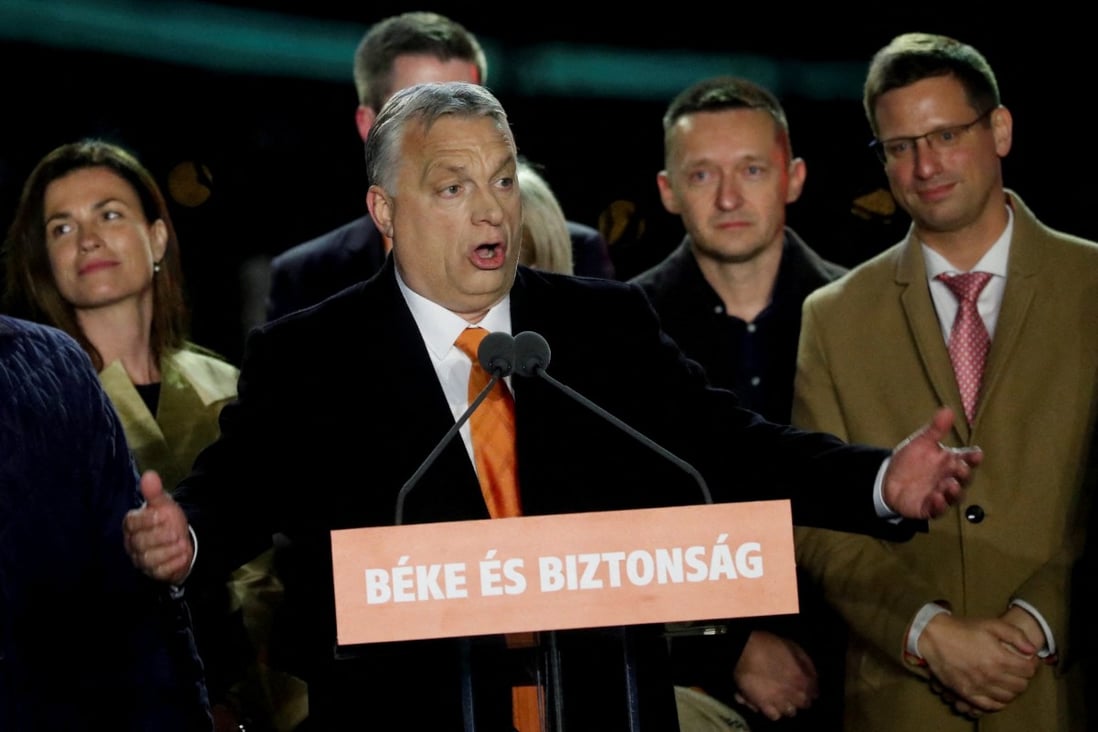 Hungarian Prime Minister Viktor Orban addresses supporters in Budapest on Sunday. Photo: Reuters