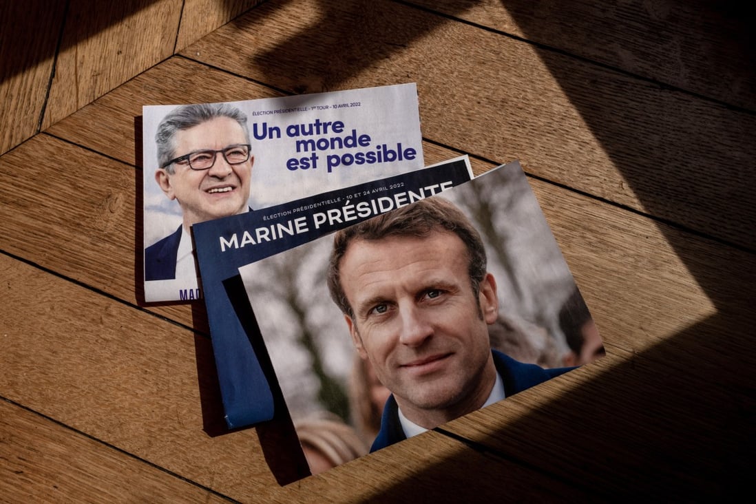 Electoral campaign flyers for France’s President Emmanuel Macron and presidential candidates Jean-Luc Melenchon and Marine Le Pen. Photo: Bloomberg