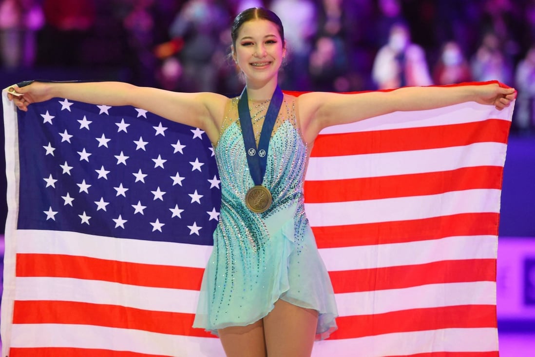 Alysa Liu of the US celebrates after winning bronze at the International Skating Union World Figure Skating Championships women’s free skate event in Montpellier, France. Photo: AFP   