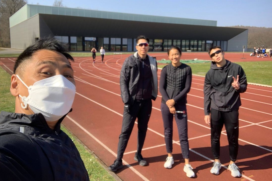 Coach Tang Hon-sing and his three hurdlers in a training camp in Germany - Mui Ching-yeung, Vera Lui and Cheung Wang-fung (from left). Photo: HKAAA