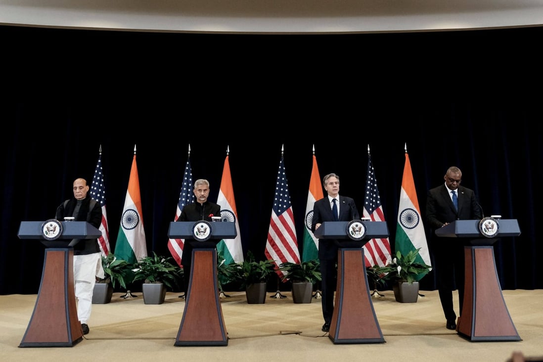 India’s Defence Minister Rajnath Singh, far left, India’s External Affairs Minister Subrahmanyam Jaishankar, US Secretary of State Antony Blinken, and US Defence Secretary Lloyd Austin, far right. Photo: AFP