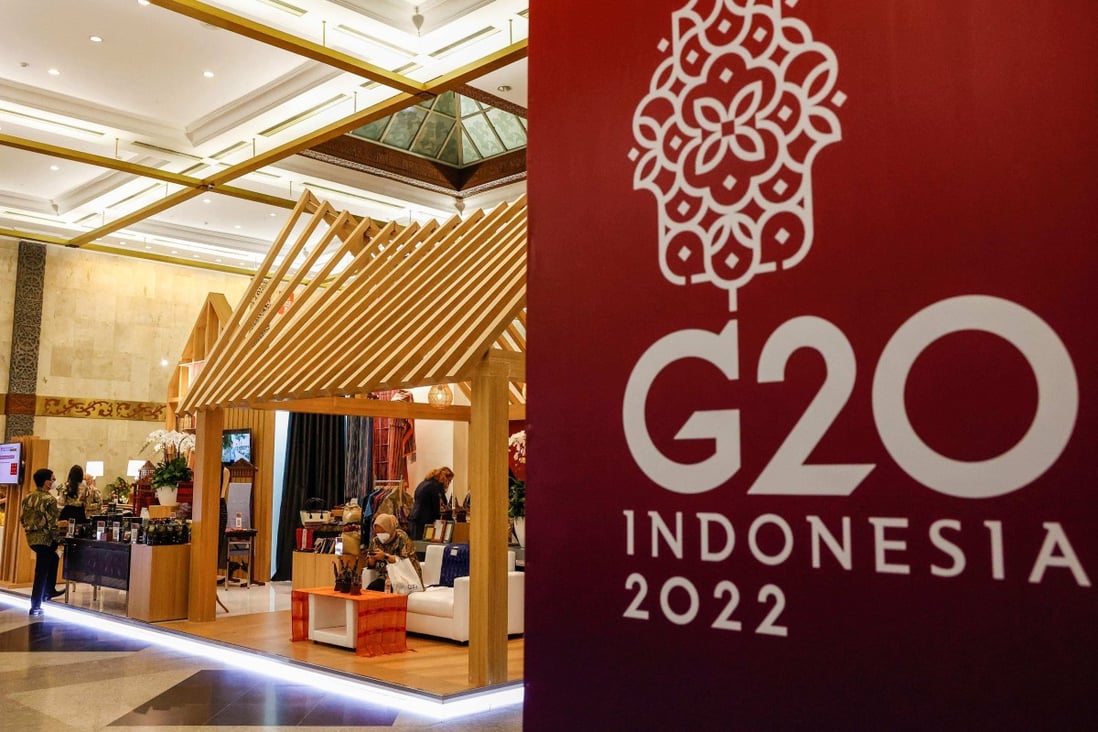 Officials prepare the exhibition stands at the venue for the G20 finance ministers and central governors meeting in Jakarta in February. Photo: POOL AFP\