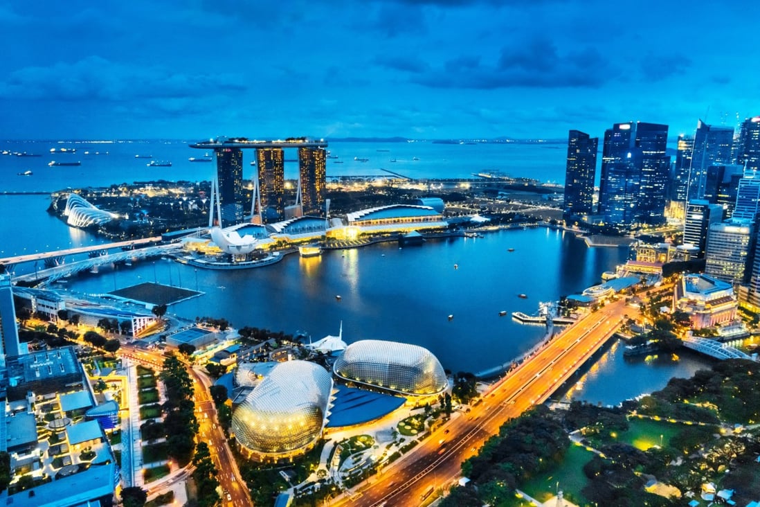 Singapore at night, aerial view of Marina Bay. Photo: Getty Images