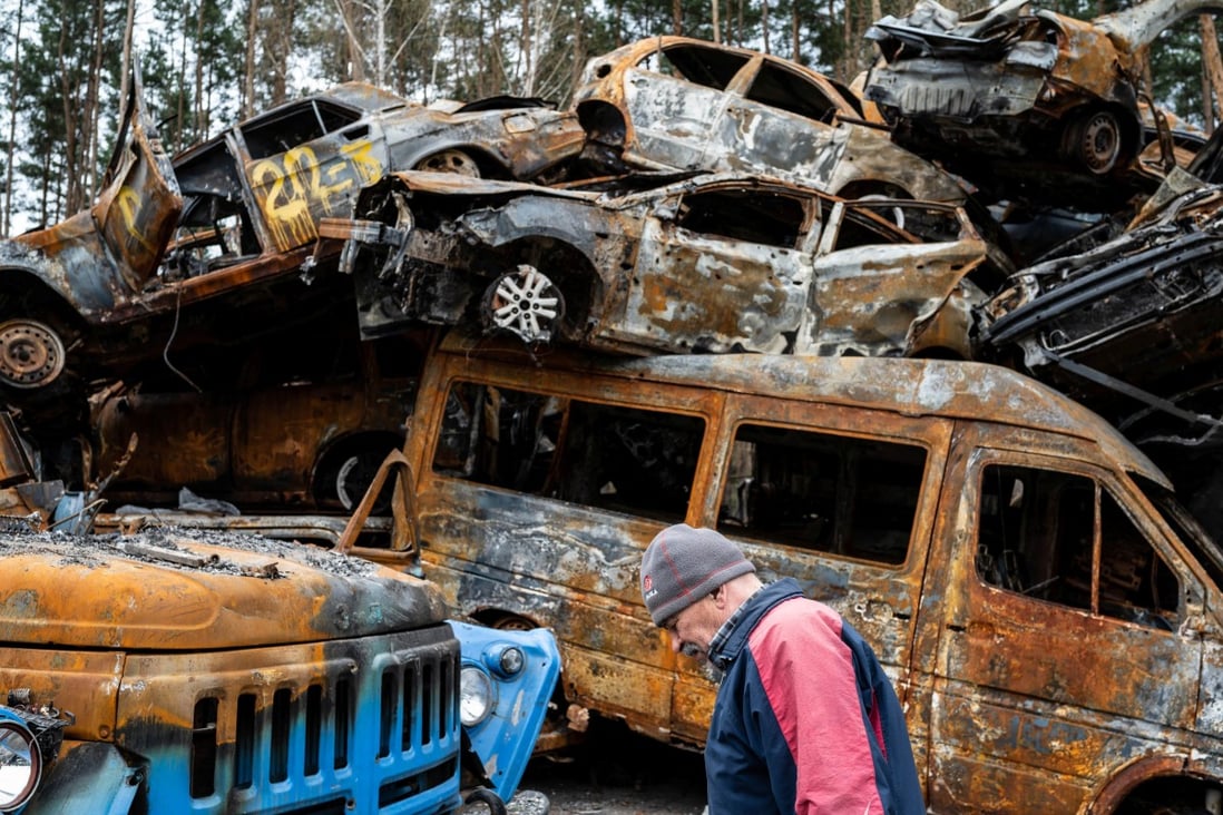 A piles of destroyed cars near Kyiv speaks to the impact of Russia’s invasion of Ukraine. China has called for diplomacy and negotiation to solve the crisis. Photo: Reuters