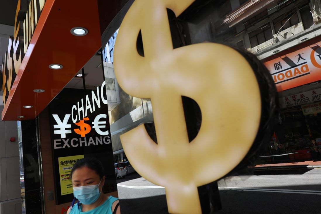 Dollar sign seen at a currency exchange booth in Hong Kong’s Tsim Sha Tsui area on 11June 2020. Photo: Sam Tsang
