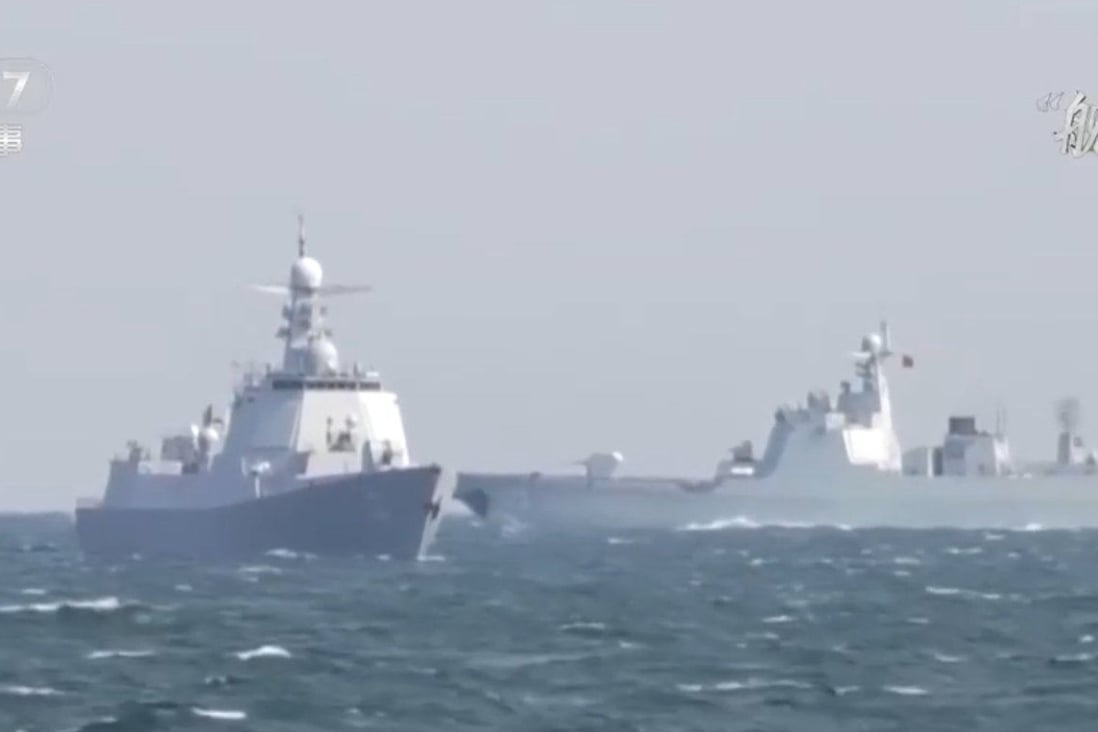 China has put two more Type 055 destroyers into service. Photo: CCTV