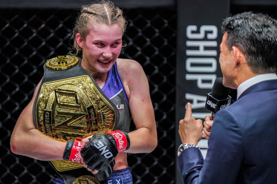 Smilla Sundell speaks to Mitch Chilson after winning the ONE strawweight Muay Thai title at ONE 156. Photo: Ryan John Peters/ONE Championship