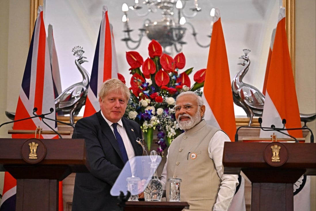 British Prime Minister Boris Johnson and Prime minister of India Narendra Modi at Hyderabad House. Photo: dpa