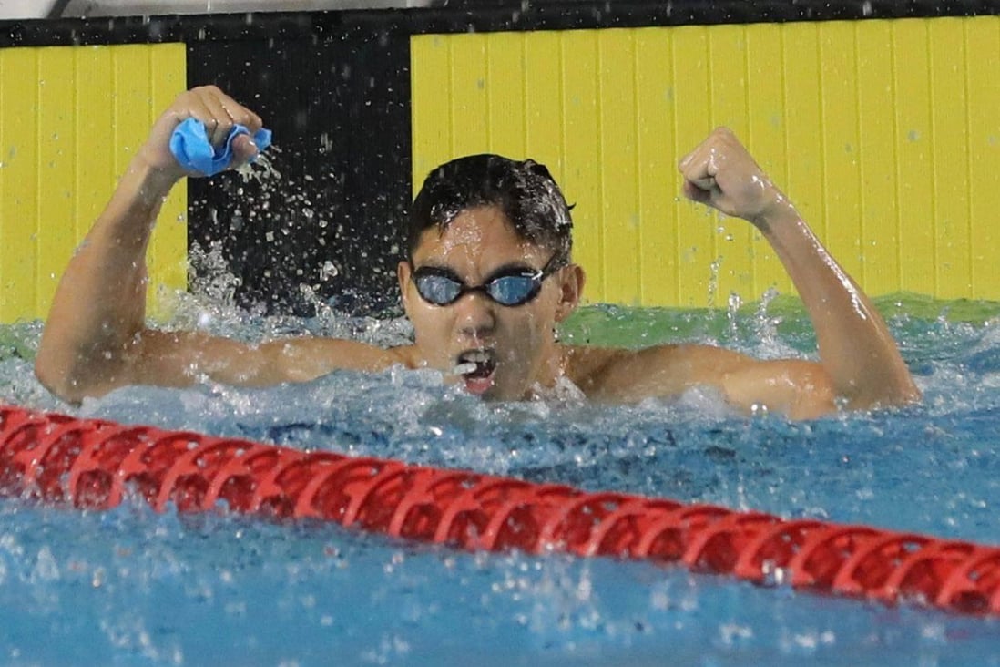 Hayden Kwan celebrates during the Long Course Time Trial at the Hong Kong Sports Institute. Photo: Hong Kong Swimming Association