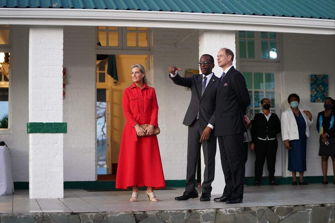 Prince Edward, Earl of Wessex, right, and his wife Sophie, Countess of Wessex with Philip Pierre, the Prime Minister of Saint Lucia at the Prime Minister’s Residence in St Lucia on April 23. Photo: PA Wire / DPA