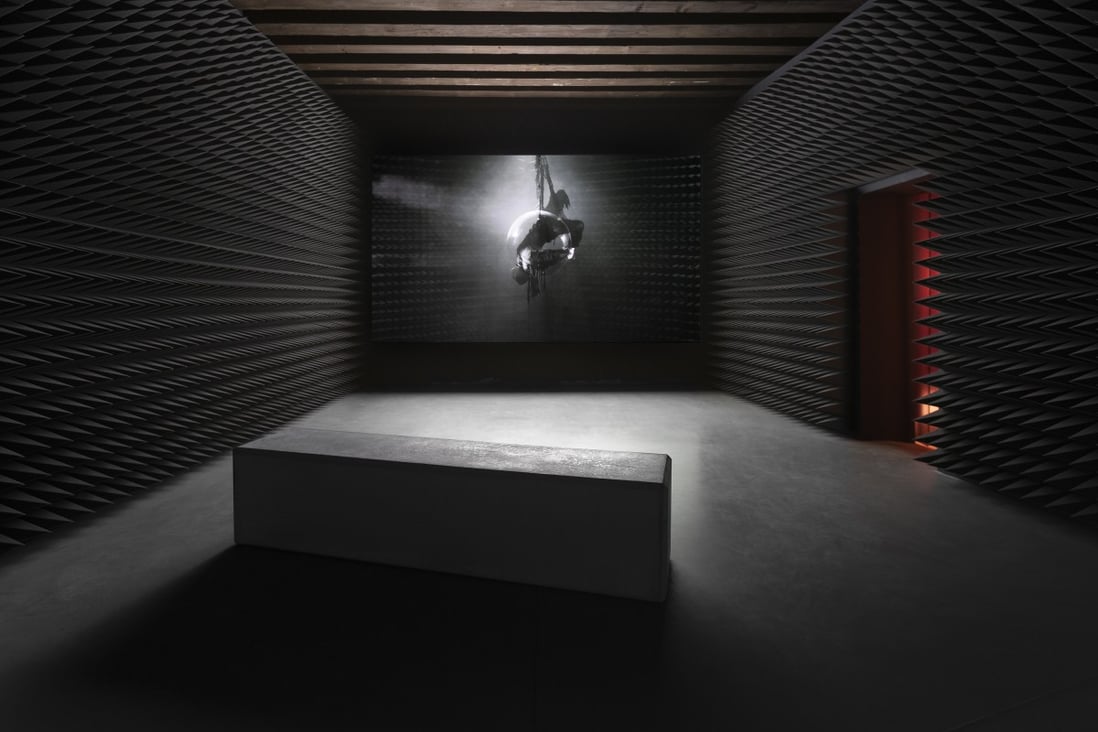 Video art by Hong Kong artist Angela Su plays in the screening room of the Hong Kong exhibition at the 2022 Venice Biennale. Photo: t-space studio