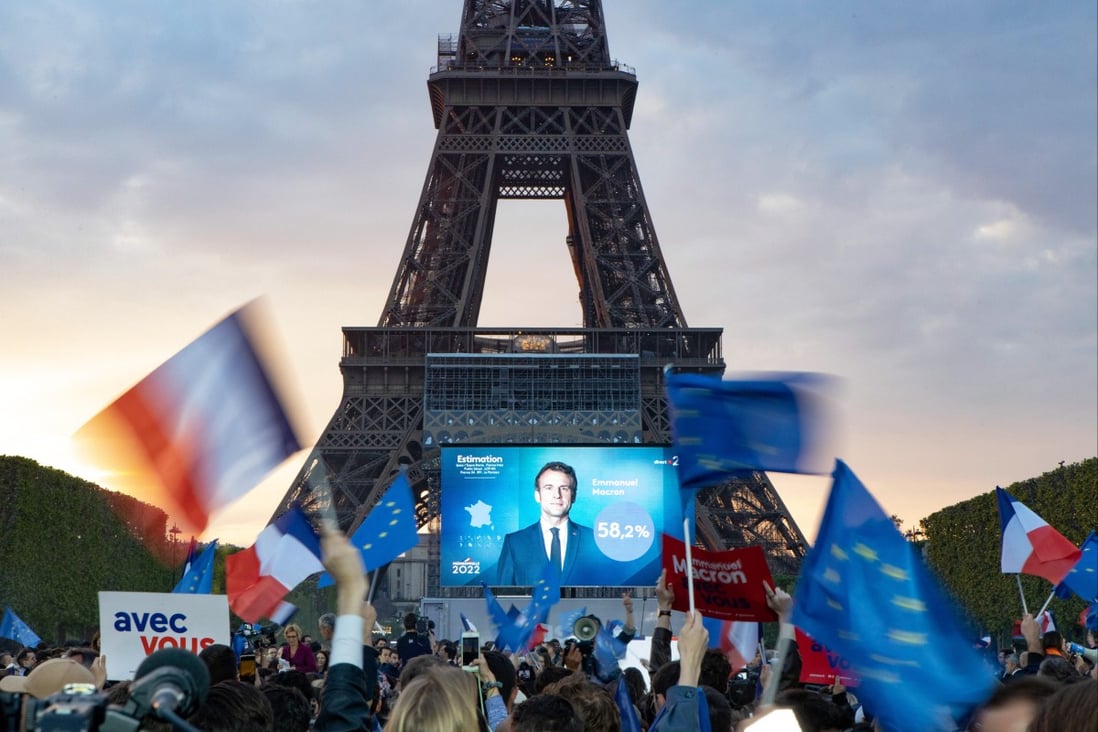 French President Emmanuel Macron’s supporters gathered in front of the Eiffel Tower to celebrate winning his second term. Photo: SOPA Images via ZUMA Press Wire/dpa
