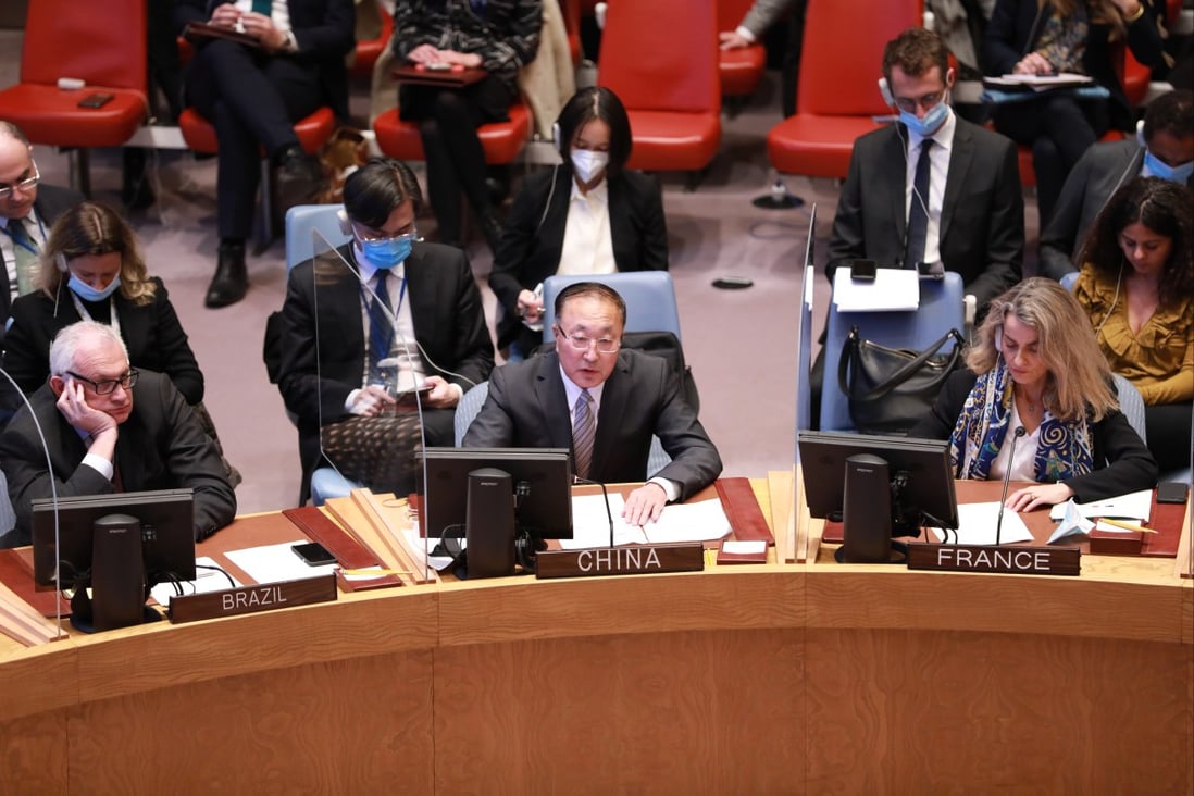 China’s permanent representative to the United Nations, Zhang Jun, speaks during a Security Council briefing on Ukraine at the UN headquarters in New York on April 5. Photo: Xinhua 