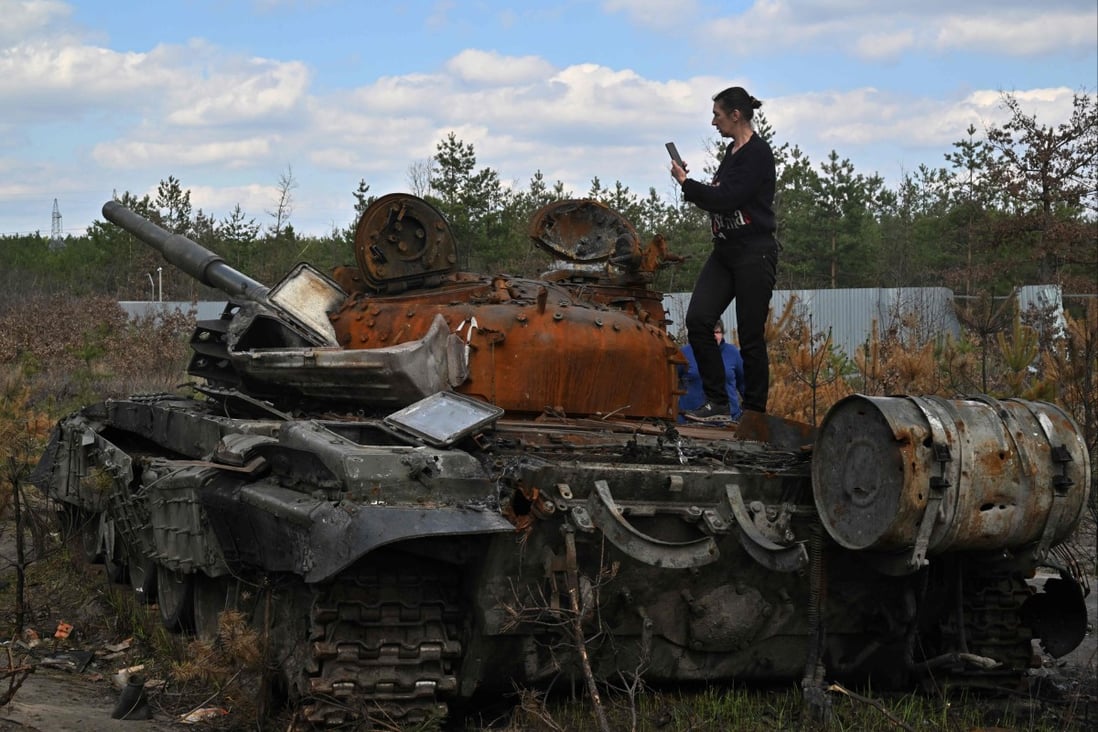 A destroyed Russian tank in Dmytrivka village, Ukraine’s Kyiv region. File photo: AFP