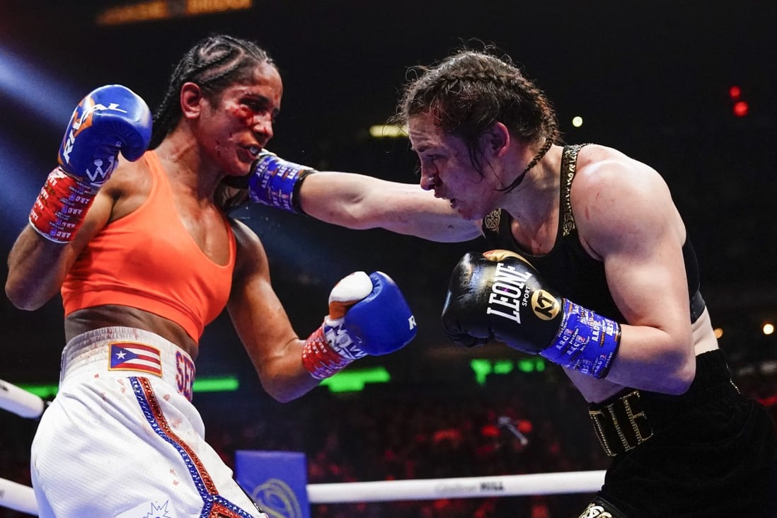 Ireland’s Katie Taylor punches Amanda Serrano during the 10th round of their lightweight championship boxing bout on April 30, 2022, in New York. Photo: AP/Frank Franklin II