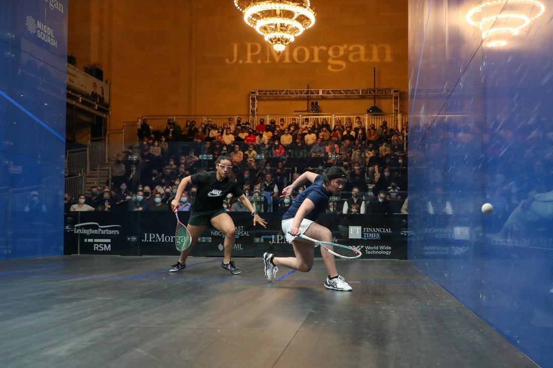 Chan Sin-yuk (right) on her way to victory over Egypt’s Kenzy Ayman in the Tournament of Champions Challenger final in New York. Photo: Professional Squash Association