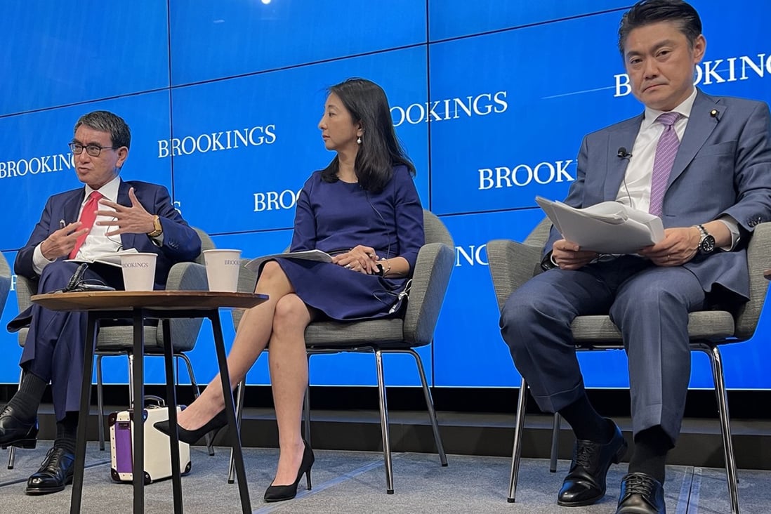 Taro Kono (left), a member of Japan’s House of Representatives, a former minister of defense and former minister of foreign affairs; and Takashi Yamashita (right), a House member and former minister of justice, at a panel discussion at the Brookings Institution in Washington on Wednesday. Photo: Robert Delaney