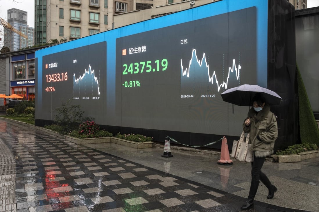 A public screen displays the Shenzhen Stock Exchange and the Hang Seng Index figures in Shanghai on February 7, 2022. Months of crackdowns on the tech sector have taken a heavy toll on related Chinese stocks, on domestic and foreign exchanges, but restrictive measures could start to ease. Photo: Bloomberg