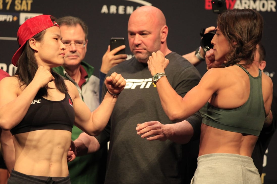 Zhang Weili faces off with Joanna Jedrzejczyk at the UFC 248 ceremonial weigh-ins in Las Vegas. Photo: Amy Kaplan