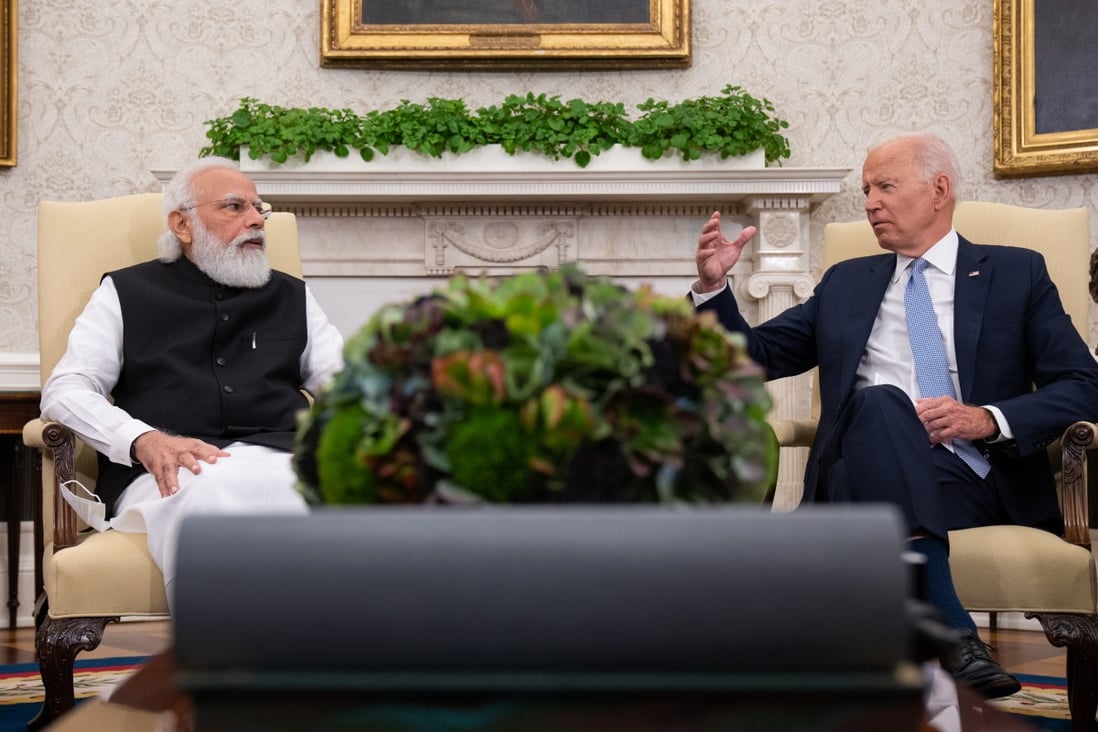Indian Prime Minister Narendra Modi (left) with US President Joe Biden in the White House on September 24, 2021. As Biden prepares to meet with Modi and the other leaders of the Quad this month in Japan, US officials hope that India more closely aligns with policies on Russia and China. Photo: The New York Times/Bloomberg