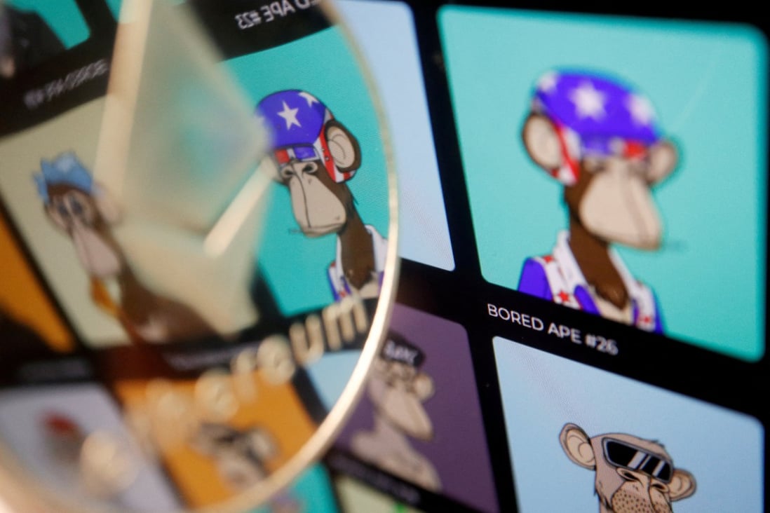 A representation of th Ethereum cryptocurrency ether seen next to non-fungible tokens of Yuga Labs’ “Bored Ape Yacht Club” collection displayed on its website on March 24. Photo: Reuters