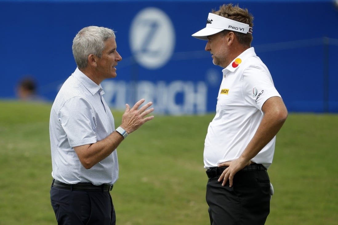 PGA Tour commissioner Jay Monahan (left) speaks to Ian Poulter during an event in New Orleans last year. Poulter is believed to have been one of those players to ask for a release. Photo: AFP