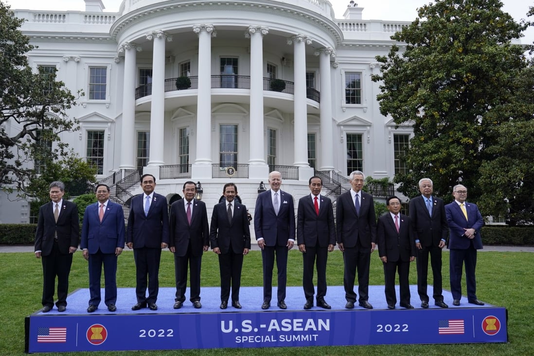 US President Joe Biden and Asean leaders pose on the South Lawn of the White House on Thursday, the first day of their summit. Photo: AP
