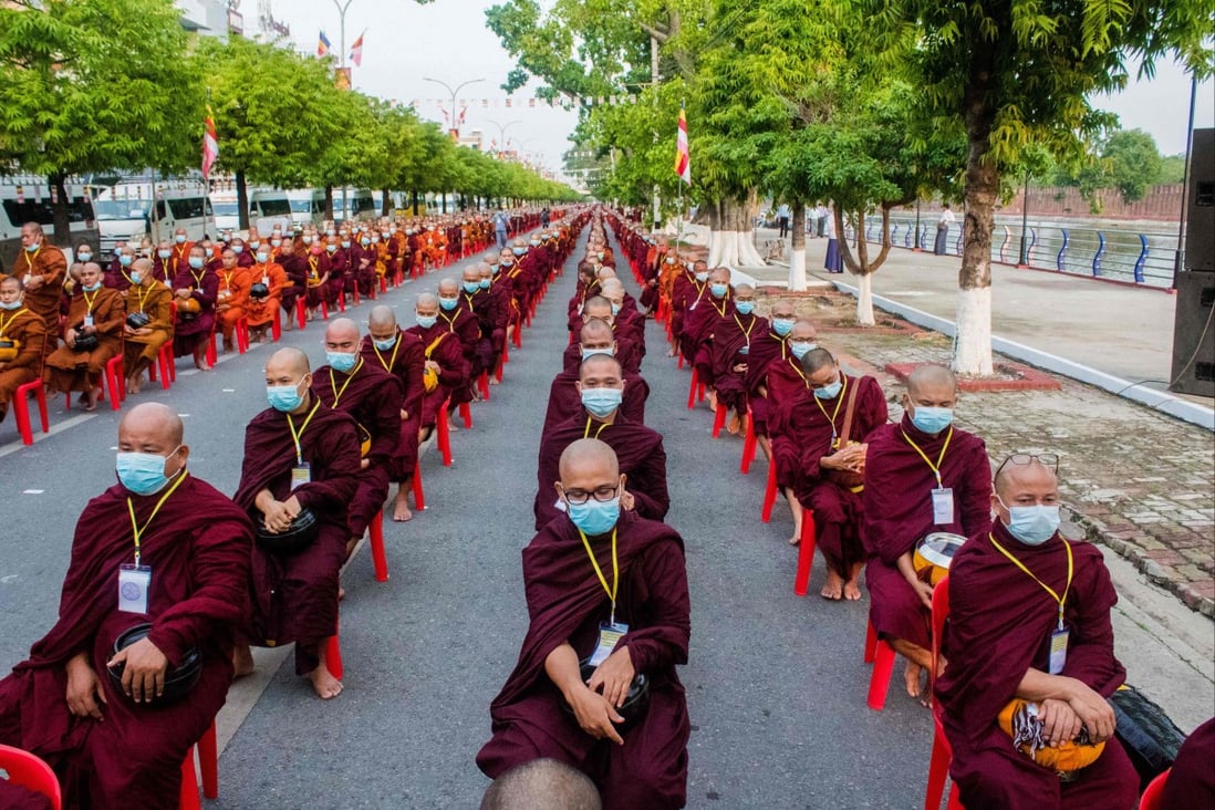 Monks line up in Mandalay during a military junta-organised gathering to mark the Buddha’s birthday. Photo: AFP