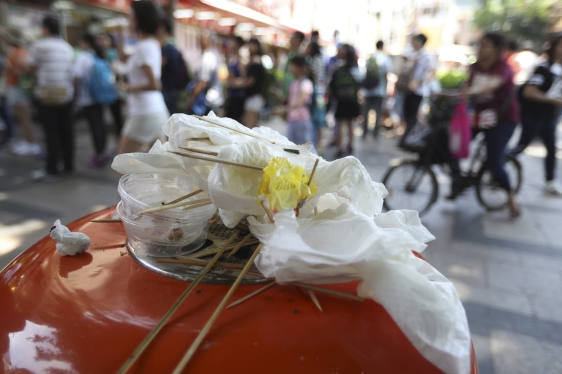 Plastic rubbish is piled on a bin in Cheung Chau as people enjoy the Easter holiday in April 2017. Photo: Nora Tam