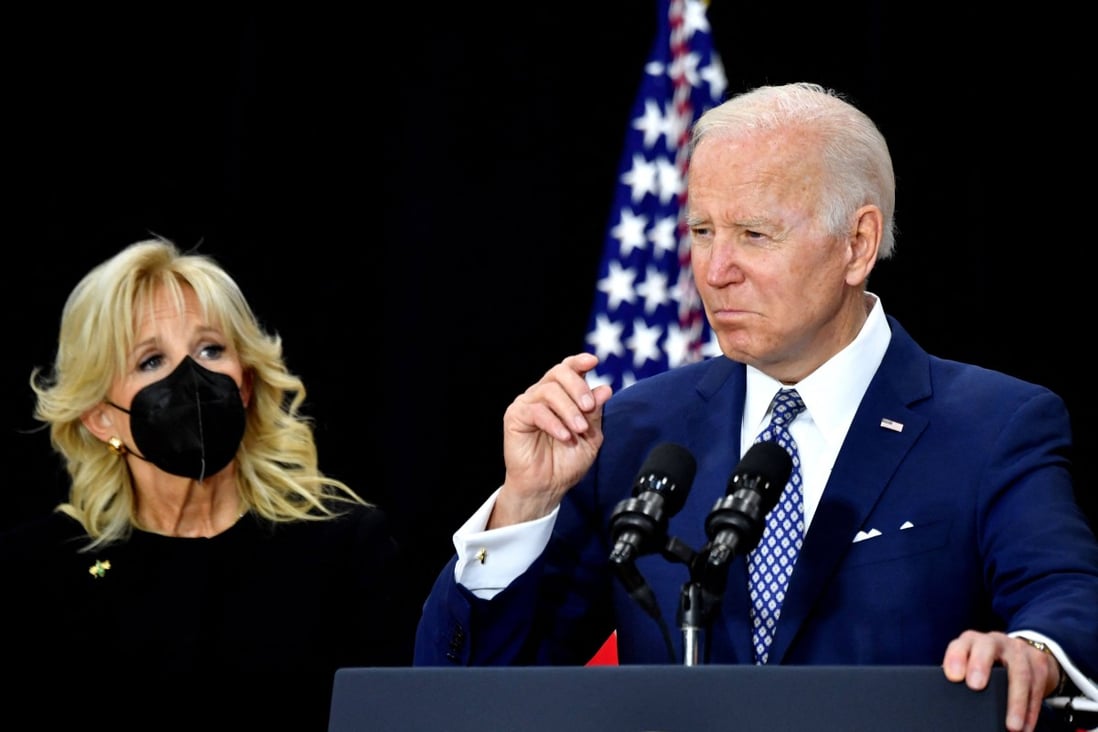 US first lady Jill Biden listens as President Joe Biden delivers remarks on Tuesday after visiting a memorial near the scene of a fatal shooting in Buffalo, New York. Photo: AFP