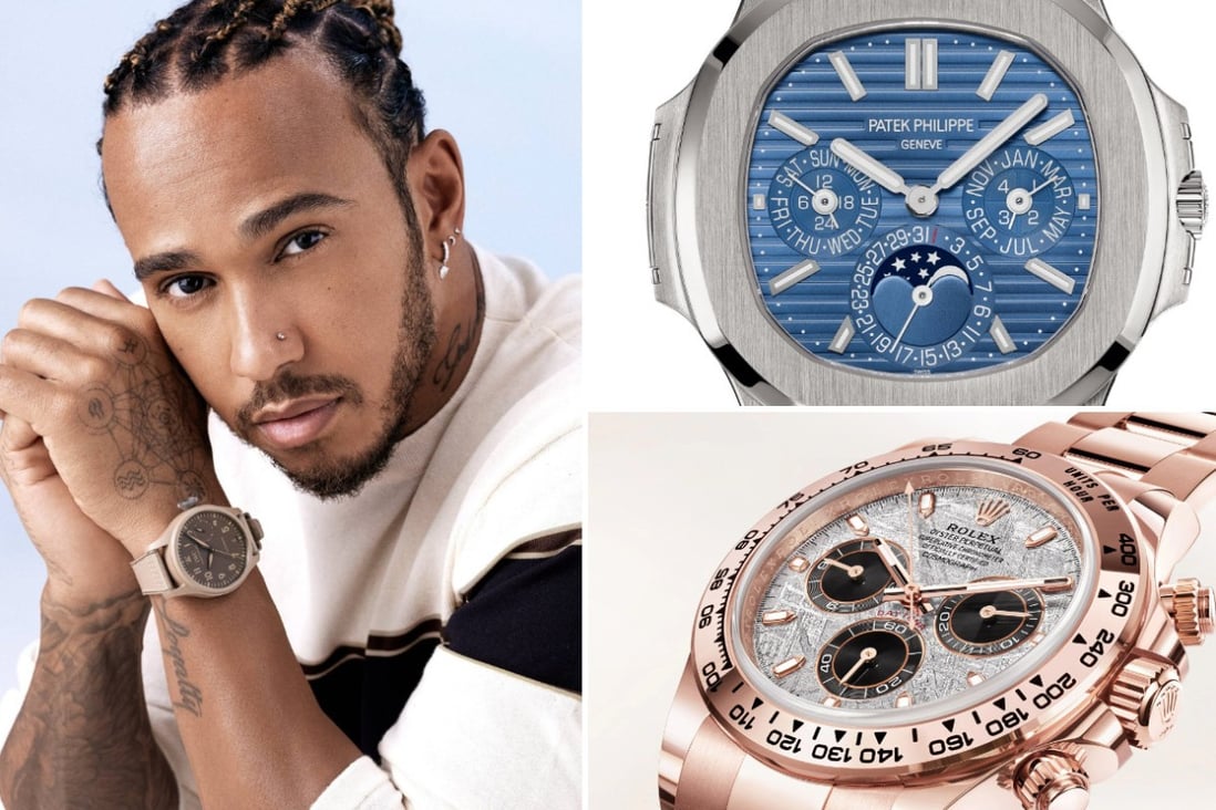 Lewis Hamilton is known for sporting luxurious watches. Photos: uhrforum.de, Patek Philippe, Rolex