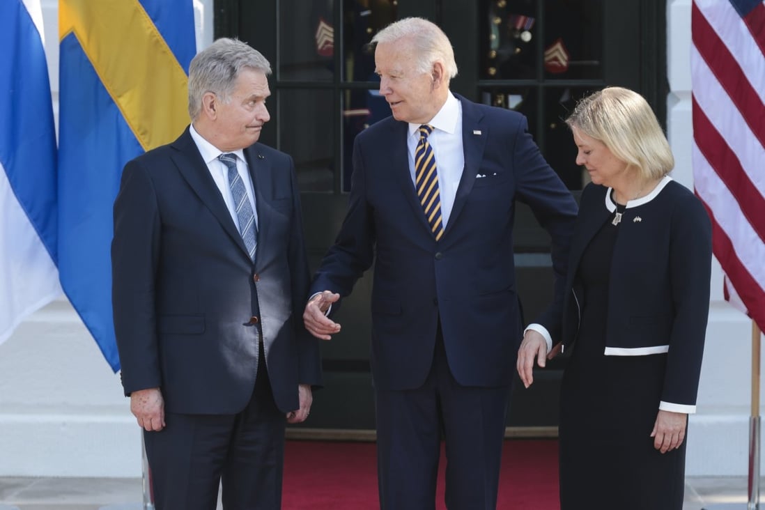 US President Joe Biden (centre) welcomes Finnish President Sauli Niinisto (left) and Swedish Prime Minister Magdalena Andersson at the White House on Thursday. The leaders of the Nordic nations are visiting following the countries’ applications for Nato membership as a result of Russia’s invasion of Ukraine. Photo: EPA-EFE/Pool