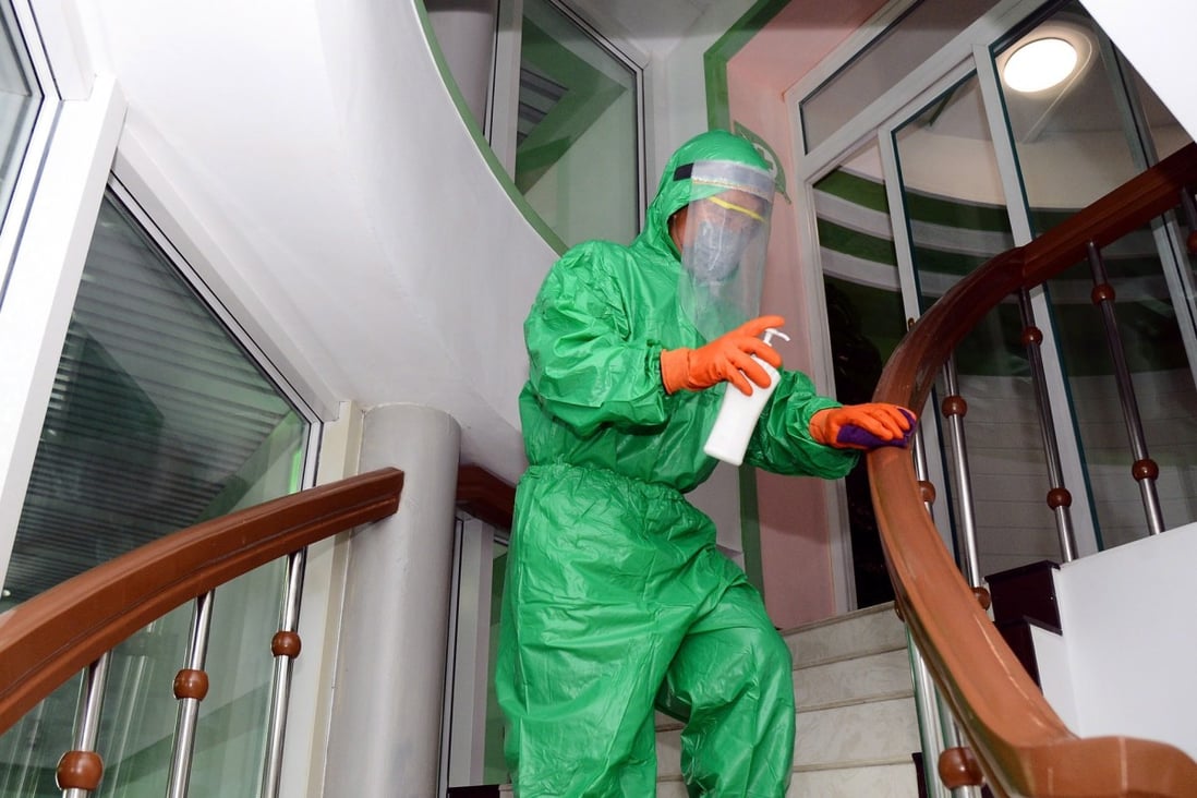 Staff disinfect the premises of a medical oxygen factory to curb the current coronavirus disease health crisis in Pyongyang, North Korea. Photo: KCNA via EPA-EFE