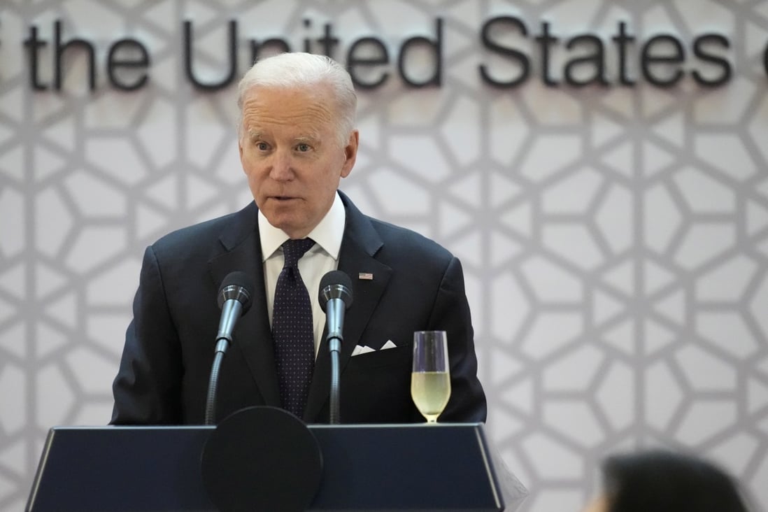 US President Joe Biden delivers a speech during the state dinner hosted by South Korean President Yoon Suk-yeol  in Seoul on Saturday. Photo: EPA-EFE/Pool